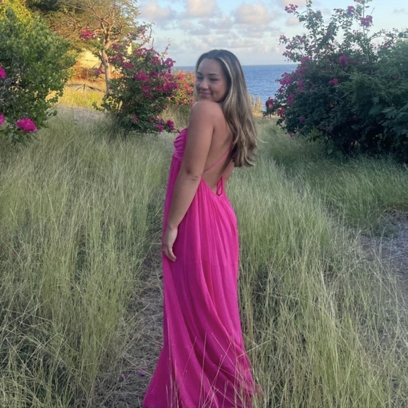 ZARA sz XS LIMITED Fuchsia Pink Voluminous Chiffon Maxi Cutout Open Back Dress - Picture 6 of 16